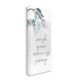 Stupell Industries Wash Your Worries Away Bathroom Phrase Blue Tree Branches, Designed by Kim Allen Canvas Wall Art, Grey