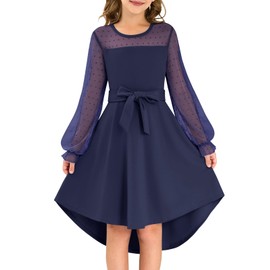 grewley Girls Dress Fall Mesh Long Sleeve A Line Girls Formal Dresses Size 14-16 for Funeral Church Navy Blue 14Y