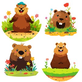 GORGECRAFT 4Pcs 4 Styles 6.3" Groundhog Day Window Cling Plastic PVC Reusable Static Sticker Holiday Animals Happy Groundhog Day Decal for Glass Window Door Sticker Prevent Birds Strikes