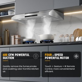 Under Cabinet Range Hood 30 inch, 600 CFM Vent Hood with 4-Speed Exhaust Fan, Stainless Range Hood with Gesture/Touch Control, Ducted/Ductless Convertible Hood Range 30 in Under Cabinet
