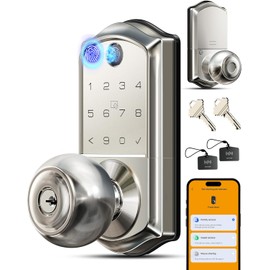 Veise VE018 Smart Knob Handle Lock - Fingerprint, App Control, Keyless Entry for Front Door and Bedroom, Electronic Digital Keypad, Auto Lock, Remote Access Sharing, IP55 Weatherproof, Satin Nickel