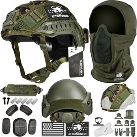 ACTIONUNION Airsoft Helmet and Mask Pro Set Tactical Paintball Helmet and Balaclava Mesh Mask MH Type with Helmet Counterweight (OD, Large)