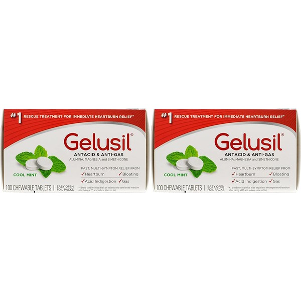 Gelusil, Anti-Acid Heartburn Relief, 100 count (2 Pack), Multi-Symptom Acid-Indigestion, Bloating and Gas Heartburn Relief, Easy Open Pack