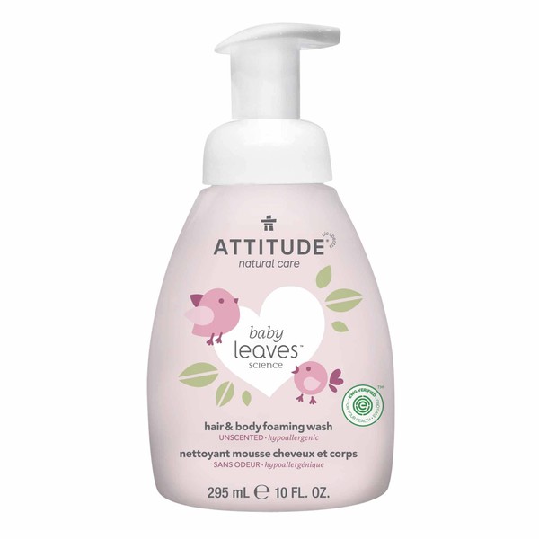 ATTITUDE 2-in-1 Natural Hair and Body Foaming Wash for Baby, EWG Verified Shampoo, Hypoallergenic Bath Soap, Fragrance-Free, 8.4 Fl. Oz.