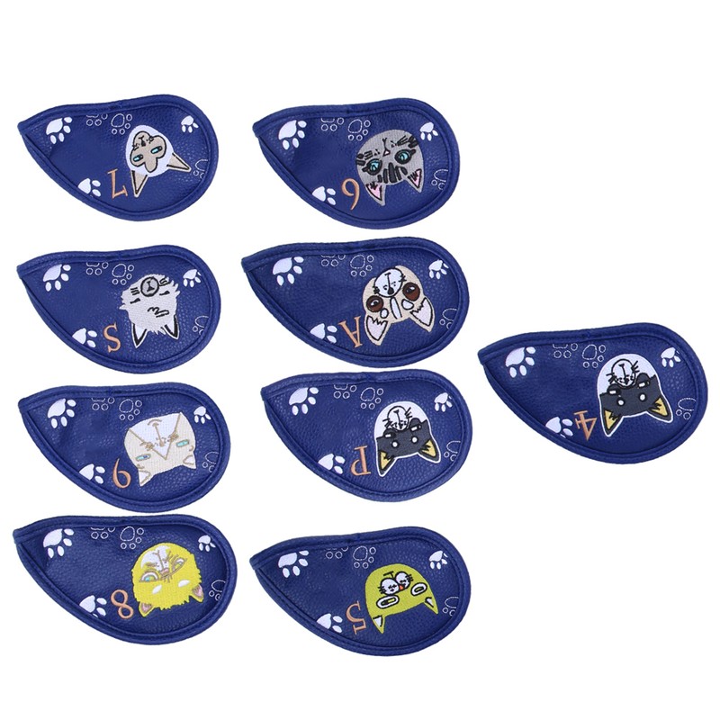 9PCS PU Leather Embroidery Waterproof Golf Putter Head Cover Iron