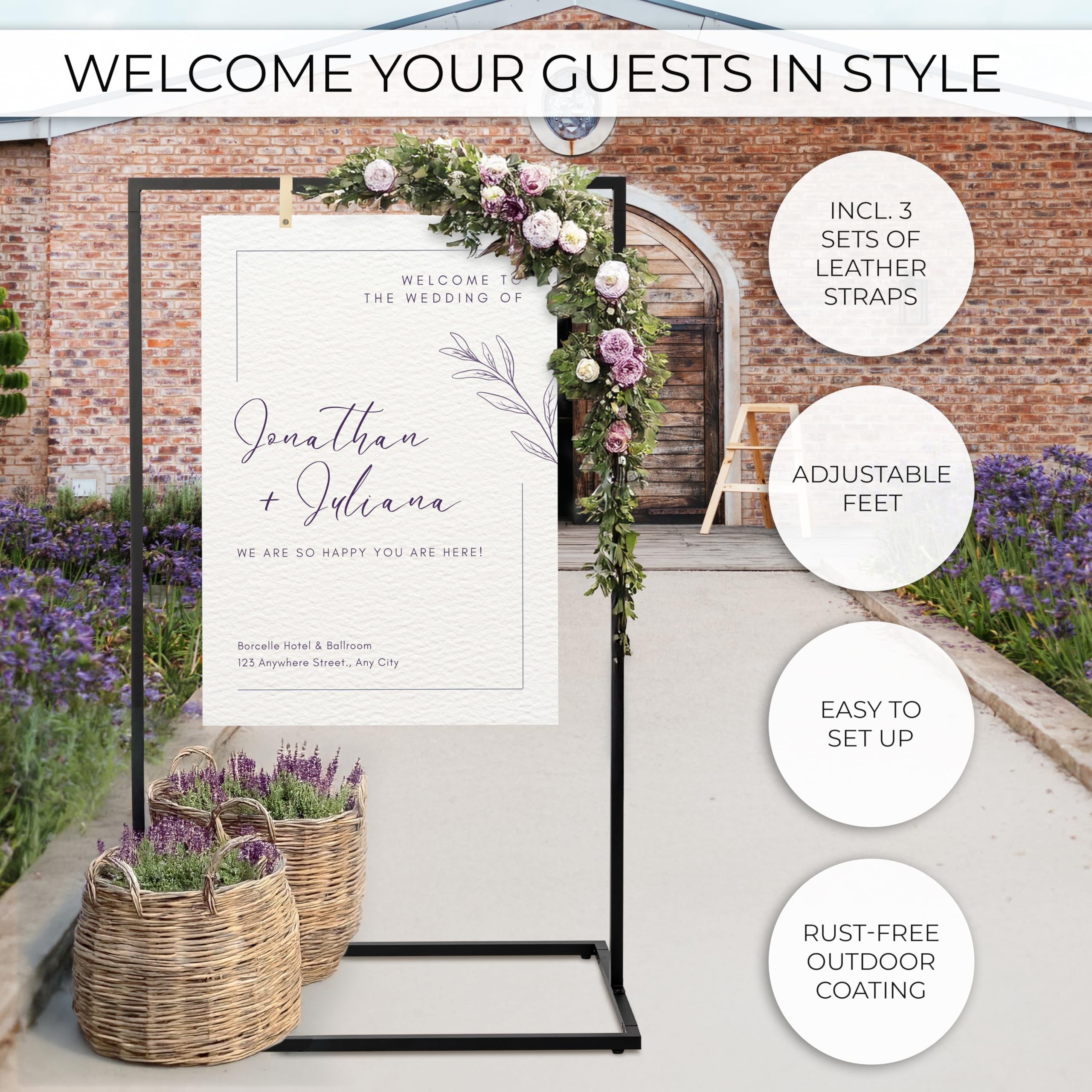 RARTOP Wedding Sign Holder, 68\"x31\"x 20\" Welcome To Our Wedding Sign Display Stand With 39 Premium Templates&Leather Straps, Heavy Duty Easel Stand Sturdy Display For Wedding, Birthday, Anniversary