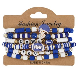 MMIUAEG 6Pcs Heishi Bracelets for Women Rugby Clay Beaded Stretch Bracelets Stackable Game Day Sports MAMA Bracelet Set Summer Beach Accessories Outfits Jewelry Gifts-blue