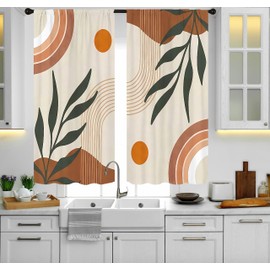 Famiffty Mid Century Boho Arch Kitchen Curtains Rod Pocket Abstract Geometric Modern Aesthetic Rainbow Small Short Cafe Curtains Leaves Sun Window Treatment Drapes Home Decor-27.5W X 39L Inch 2 Panels