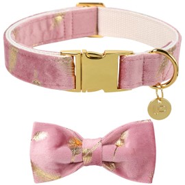 UP URARA PUP Pink Dog Collar with Bowtie, Velet Bowtie & Flower Collar for Small Medium Large Girl Boy Dogs, Feather Dog Collar Match Dog Leash, Pet Collar with Metal Buckle, M, Neck 13.5-22in