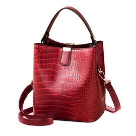 LABANCA Women Retro Alligator Bucket Bags Crocodile Pattern Designer Shoulder Bag Ladies PU Purse Crossbody Wallet Bag, Wine Red