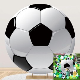 Leyiyi 6.5x6.5ft Soccer Round Backdrop Black and White Round Backdrop Cover Sports Theme Football Background for Kis Boys Man Birthday Party Newborn Soccer Gender Reveal Party Decoration Banner