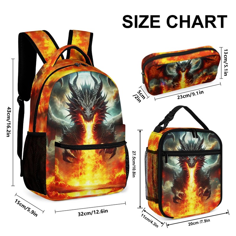 ZCJB-WSRY Cute Dragon School Backpack with Lunch Box & Pencil