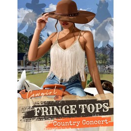 Womens Western Cowgirl Fringe Top - Country Concert Outfits Festival Tassel Hem Boho Rodeo Camisole Rave Tank Shirt(Khaki,L,10742a)
