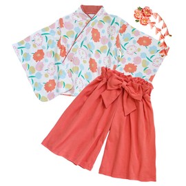 SLINX HF420 Yukata, Children, Girls, Baby, Kids, Summer Festival, Kimono, Yukata, Hair Ornament, 3-piece Set, Japanese Pattern, Yukata Set, Hakama-Style, Top and Bottom Set, Hakama, Children's Kimono