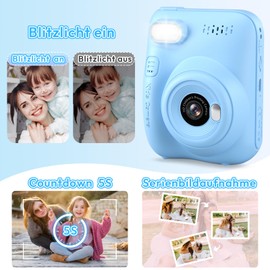 DIAMOOKY Children's Instant Camera, 1080P 3.0 Inch Screen with 32G Memory Card, Children's Camera, Instant Print, 3 Rolls of Printing Paper & 5 Coloured Pens, Gifts for Children