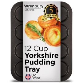 Wrenbury Toughened Yorkshire Pudding Pan 12 Hole - Shallow Non Stick Baking Tin - Heavy Carbon Steel - PFOA Free Food Safe - Perfect for British Yorkshires