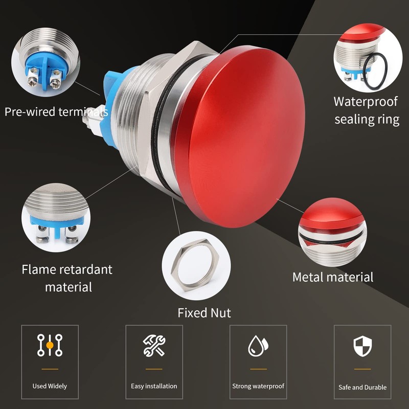 STARELO 22mm Momentary Push Button Switch Mushroom Head,Stainless Steel Metal
