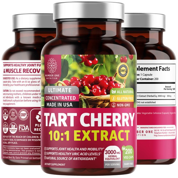 N1N Premium Tart Cherry Extract Capsules, 200 Veg Caps, 3000 mg [10X Concentrated Extract] Powerful Antioxidant, Joint Health and Mobility, Non-GMO, Gluten Free, 200 Veggie Caps