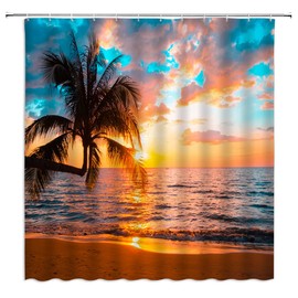 ZKJSMGS Ocean Beach Shower Curtain Plam Tree Sunset Sea Wave Tropical Summer Seaside Landscape Coastal Hawaiian Island Scenic Fabric Bathroom Sets with Hooks,Orange Blue