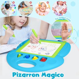 KTMOUW Pizarron Magico Tablero de Dibujo Magnético de Color 4 Colores con 4 Formas de Sellos y Bolígrafo Conector de 7 cm Juguetes Educativos Pizarra Magica Azul