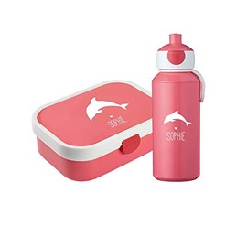 4you Design Mepal Campus Children’s Lunch Box & Drinking Bottle Set With Dolphin Silhouette + Name, + Bento Box & Fork, First Day At School, 6 Colours, Customisable