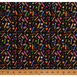 Cotton Back to School Blackboard Pencils Pens Rulers Academic Black Cotton Fabric Print by The Yard (D675.43)
