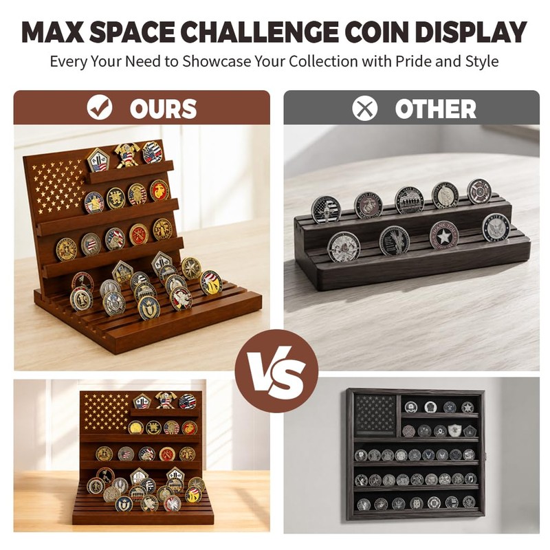Challenge Coin Display, Solid Wood Military Holder Up to 80