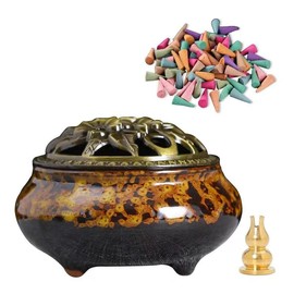 Ceramic Incense Burner， Cone Incense Holder, Ceramic Censer Suitable For Incense Cones/Coils/Sticks, There Are 20 Incense Cones+ Metal Incense Holder+Fireproof Cotton Inside.