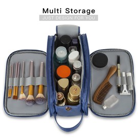 Water-Resistant Leather Toiletry Bag for Men, Women Large Travel Wash Bag Shaving Dopp Kit Bathroom Gym Toiletries Makeup Organizer with Free Wet Dry Bag(Blue)