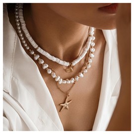 Gold Starfish Pendant Necklace for Women Irregular Pearl Collar Necklace Summer Beach Multi-layered Shell Clavicle Necklace Jewelry for Women, Medium, Metal, No Gemstone