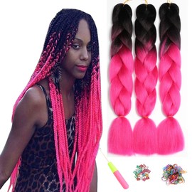 ShowJarlly Box Braid Hair Extensions, 24inch Black/Rosy Ombre Jumbo Braid Hair, 3Packs Synthetic Jumbo Braiding Hair Extension Afro Hair Extensions for Braiding Crochet Twist Braid