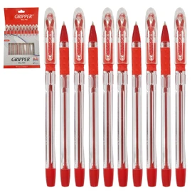 Gripper Ballpoint Pens, RED, Fine Point (0.5mm), Pack of 10, Elasto Soft Grip, Smooth Writing, Perfect for School Office Home Use, iZOFAX Black Ball Pen