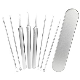 Pavlleen Mitesserentferner Set, 8PCS Nagelhautschieber, Professionelle Edelstahl-Akne, Hautunreinheiten, Komedonen-Entfernungswerkzeug, mit Metallgehäuse und Pinzette