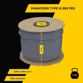 EDCX 4 mm Polyester Paracord 550 (15, 30 and 50 m) – 4 mm Type III, Tear-Resistant Parachute Cord for Survival Made of 100% Polyester with 7 Wires | Solid Colours (Gray, 50 m)