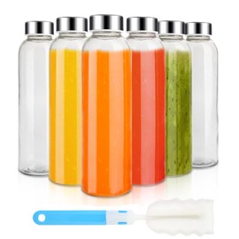 Sursip 24oz Glass Water Bottle Set of 6, Leak Proof Clear glass juice bottle for juicing, Reusable Drinking Bottles with Stainless Steel Lid, Beverage Storage Containers for Refrigerator-BPA Free