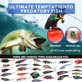 RoseFlower 28 PCS Fishing Lure Kit, ABS Plastic Hard Bait Set with 3D Bionic Eyes & Inner Ball, Various Sizes Minnow & Vibration - Fishing Gear Set, Lure Tackle Box