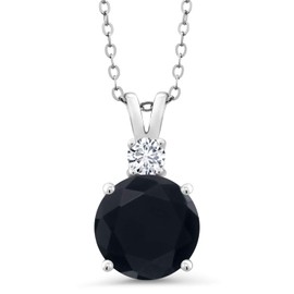Gem Stone King 3.17 Cttw Black Onyx and White Lab Grown Diamond Pendant Necklace For Women | 925 Sterling Silver | Gemstone Birthstone | Round 10MM and 3.5MM | With 18 Inch Chain