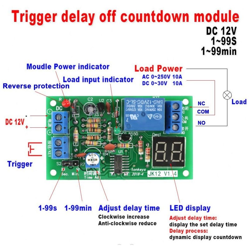 DC12V LED Display Time Delay Relay Module Multifunction Turn OFF