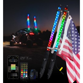 Xprite 2PC 2FT Spiral RGB LED Whip Light with Spring Base, App & Remote Control Stop Turn Reverse Brake Lights Chasing Antenna Lighted Whips, Compatible with SXS ATV UTV Polaris RZR Can-am Jeep