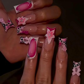 French Tip Press on Nails Medium Square Fake Nails with Design 3D Drip Glue Flower False Nails Leopard Artificial Stick on Acrylic Nails Full Cover for Women 24 Pcs