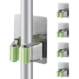 Cokshy 4 Pcs Stainless Steel Broom Holder, Heavy Duty Garden Tool Organizer Rack Rake, Square Rust Resistant Broom Holder Wall Mount for Kitchen Bathroom Closet Garden Garage - Green