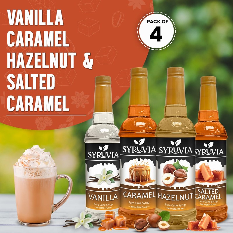 Syruvia Coffee Syrup Variety Pack Vanilla, Caramel, Hazelnut & Salted