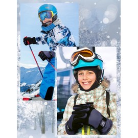 Geyoga Kids Waterproof Winter Snow Ski Gloves for Boy Girl Outdoor Warm Thickening Snowboard Gloves(6-10 Years,Navy)