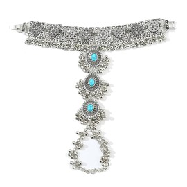 Vintage Bollywood Ethnic Finger Ring Bracelet for Women and Girls, Gemstones, Beads, Ball, Adjustable Chain, Link Harness, Slave Wrist Bracelets, Rings, Boho, Indian, Oxidized,, Metal, Cubic Zirconia