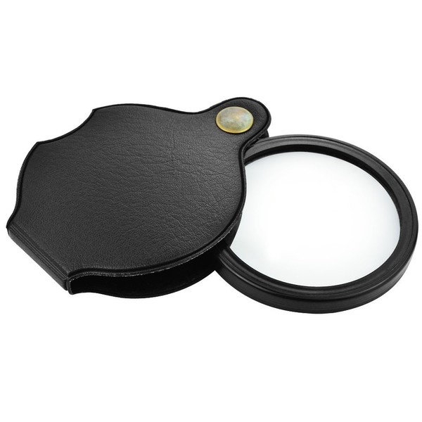 6X Mini Pocket Magnifying Glass Folding Pocket Magnifier Loupe with Rotating Protective Holster Leather Pouch for Reading,Science Class,Hobby (Black), 60mm/2.4"