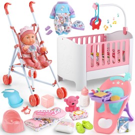 Baby Doll Crib and Stroller Accessories Play Set with 11" Baby Doll,Dining Chair,24 PCS Dolls Accessories and 2 Sets Clothes,Realistic Pretend Play for Girls Kids 3-5 4-6 5-7 Year Gifts