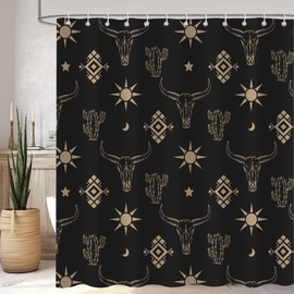 Emwnodti Western Cow Skull Shower Curtain, Black Gold West Boho Bohemian Cactus Shower Curtain fo Bathroom Set, Polyester Fabric Waterproof Bath Curtain