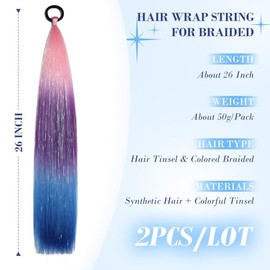 Colored Hair Extensions for Braids Ponytail Extension, 26" Sparkly Crazy Hair Day Accessories with Elastic Tie for Cheer, Cosplay & Spirit Week, Tinse