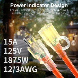 HUANCHAIN 150 ft Outdoor Extension Cord Waterproof 12/3 Gauge Heavy Duty with Lighted end, Flexible Cold-Resistant 3 Prong Electric Cord Outside, 15Amp 1875W 12AWG SJTW, Orange, ETL