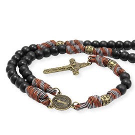 Nazareth Store Antique Bronze St Benedict Paracord Rosary Black Matte Beads Red White Rugged Rosary Strong Corded Necklace with INRI Cross